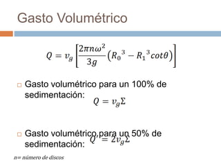 Gasto Volumétrico
 Gasto volumétrico para un 100% de
sedimentación:
 Gasto volumétrico para un 50% de
sedimentación:
n= número de discos
 