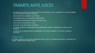 TRÁMITE ANTE JUICIO
1. SI COMETIÓ EL DELITO EN EL EJERCICIO DE SUS FUNCIONES VA AL CONGRESO A LA SUB-COMISIÓN
DE ACUSACIONES CONSTITUCIONALES.
2. ESTA INVESTIGA Y ELABORÁ UN INFORME.
3. EL INFORME PASA A LA COMISIÓN PERMANENTE.
4. LA COMISIÓN PERMANENTE DECIDE SI ACUSA O NO.
5. SI NO ACUSA, SE ARCHIVA EL CASO.
6. SI ACUSA, VA AL PLENO DEL CONGRESO.
7. EL PLENO LEVANTA LA INMUNIDAD PARLAMENTARIA Y PASA EL EXPEDIENTE AL FISCAL DE LA
NACIÓN.
8. EL FISCAL DE LA NACIÓN PASA EL EXPEDIENTE A LA CORTE SUPREMA Y UN VOCAL SUPREMO
INSTRUYE.
 CONDICIONANTE:
 EL PODER JUDICIAL SOLO PUEDE SANCIONAR POR LO QUE EL CONGRESO INVESTIGÓ E INFORMÓ, NO
PUEDE AUMENTAR NI VARIAR NADA.
 