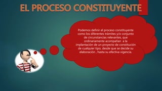 Podemos definir el proceso constituyente
como los diferentes trámites y/o conjunto
de circunstancias relevantes, que
ordinariamente acompañan a la
implantación de un proyecto de constitución
de cualquier tipo, desde que se decide su
elaboración , hasta su efectiva vigencia.
 