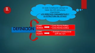 II.
COMO * Jerarquía Constitucional
FUENTE (CPP-Art. 51°)
COMO * Como Norma Política
NORMA * Como Norma Jurídica
DEFINICIÓN
En toda Constitución siempre va
haber dos (02) estructuras
importantes:
LOS DERECHOS FUNDAMENTALES Y
LA ESTRUCTURA DEL ESTADO
II.
 