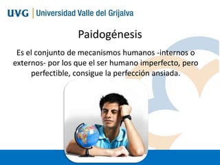 Paidogénesis
Es el conjunto de mecanismos humanos -internos o
externos- por los que el ser humano imperfecto, pero
perfectible, consigue la perfección ansiada.

 