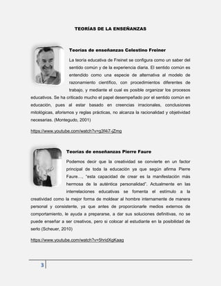 3
TEORÍAS DE LA ENSEÑANZAS
Teorías de enseñanzas Celestino Freiner
La teoría educativa de Freinet se configura como un saber del
sentido común y de la experiencia diaria. El sentido común es
entendido como una especie de alternativa al modelo de
razonamiento científico, con procedimientos diferentes de
trabajo, y mediante el cual es posible organizar los procesos
educativos. Se ha criticado mucho el papel desempeñado por el sentido común en
educación, pues al estar basado en creencias irracionales, conclusiones
mitológicas, aforismos y reglas prácticas, no alcanza la racionalidad y objetividad
necesarias. (Montegudo, 2001)
https://www.youtube.com/watch?v=g3f4i7-jZmg
Teorías de enseñanzas Pierre Faure
Podemos decir que la creatividad se convierte en un factor
principal de toda la educación ya que según afirma Pierre
Faure…, “esta capacidad de crear es la manifestación más
hermosa de la auténtica personalidad”. Actualmente en las
interrelaciones educativas se fomenta el estímulo a la
creatividad como la mejor forma de moldear al hombre internamente de manera
personal y consistente, ya que antes de proporcionarle medios externos de
comportamiento, le ayuda a prepararse, a dar sus soluciones definitivas, no se
puede enseñar a ser creativos, pero si colocar al estudiante en la posibilidad de
serlo (Scheuer, 2010)
https://www.youtube.com/watch?v=5hridXgKaag
 