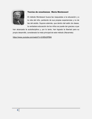 8
Teorías de enseñanzas María Montessori
El método Montessori busca las respuestas a la educación y a
la vida del niño, partiendo de sus propias experiencias y no de
las del adulto. Supone además, que dentro del salón de clases,
la verdadera educación de los niños se puede dar gracias a que
han alcanzado la autodisciplina y, por lo tanto, han logrado la libertad para su
propio desarrollo, considerado la meta principal de este método (Navarrete)
https://www.youtube.com/watch?v=2rSEk2iP894
 