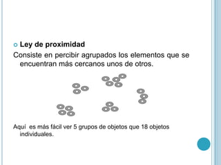 Ley de proximidad
Consiste en percibir agrupados los elementos que se
 encuentran más cercanos unos de otros.




Aquí es más fácil ver 5 grupos de objetos que 18 objetos
  individuales.
 