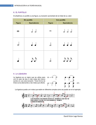 9

INTRODUCCIÓN A LA TEORÍA MUSICAL

8. EL PUNTILLO
Si añadimos un puntillo a una figura, su duración aumentará de la mitad de su valor:
Sin puntillo
Figura

Equivalencia

Con puntillo
Figura

Equivalencia

9. LA LIGADURA
La ligadura es un signo que se utiliza para
unir el valor de dos o más notas del mismo
sonido en una sola duración. Tiene forma de
línea curva abarcando a las notas que afecta:

La ligadura puede unir notas que están en diferente compás como se puede ver en el ejemplo:

David Víctor Lago Ramos

 