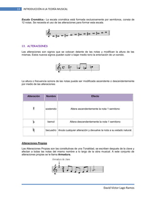 13

INTRODUCCIÓN A LA TEORÍA MUSICAL

Escala Cromática.- La escala cromática está formada exclusivamente por semitonos, consta de
12 notas. Se necesita el uso de las alteraciones para formar esta escala.

13. ALTERACIONES
Las alteraciones son signos que se colocan delante de las notas y modifican la altura de las
mismas. Estos nuevos signos pueden subir o bajar medio tono la entonación de un sonido.

La altura o frecuencia sonora de las notas puede ser modificada ascendente o descendentemente
por medio de las alteraciones:

Alteración

Nombre

Efecto

sostenido

Altera ascendentemente la nota 1 semitono

bemol

Altera descendentemente la nota 1 semitono

becuadro Anula cualquier alteración y devuelve la nota a su estado natural.

Alteraciones Propias
Las Alteraciones Propias son las constitutivas de una Tonalidad, se escriben después de la clave y
afectan a todas las notas del mismo nombre a lo largo de la obra musical. A este conjunto de
alteraciones propias se le llama Armadura.

David Víctor Lago Ramos

 