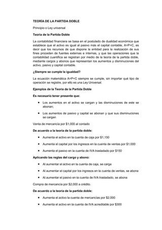 TEORÍA DE LA PARTIDA DOBLE
Principio o Ley universal
Teoría de la Partida Doble
La contabilidad financiera se basa en el postulado de dualidad económica que
establece que el activo es igual al pasivo más el capital contable, A=P+C, es
decir que los recursos de que dispone la entidad para la realización de sus
fines proceden de fuentes externas e internas, y que las operaciones que la
contabilidad cuantifica se registran por medio de la teoría de la partida doble,
mediante cargos y abonos que representan los aumentos y disminuciones del
activo, pasivo y capital contable.
¿Siempre se cumple la igualdad?
La ecuación matemática A=P+C siempre se cumple, sin importar qué tipo de
operación se registre, por ello es una Ley Universal.
Ejemplos de la Teoría de la Partida Doble
Es necesario tener presente que:
 Los aumentos en el activo se cargan y las disminuciones de este se
abonan;
 Los aumentos de pasivo y capital se abonan y que sus disminuciones
se cargan
Venta de mercancía por $1,000 al contado
De acuerdo a la teoría de la partida doble:
 Aumenta el activo en la cuenta de caja por $1,150
 Aumenta el capital por los ingresos en la cuenta de ventas por $1,000
 Aumenta el pasivo en la cuenta de IVA trasladado por $150
Aplicando las reglas del cargo y abono:
 Al aumentar el activo en la cuenta de caja, se carga
 Al aumentar el capital por los ingresos en la cuenta de ventas, se abona
 Al aumentar el pasivo en la cuenta de IVA trasladado, se abona
Compra de mercancía por $2,000 a crédito.
De acuerdo a la teoría de la partida doble:
 Aumenta el activo la cuenta de mercancías por $2,000
 Aumenta el activo en la cuenta de IVA acreditable por $300
 