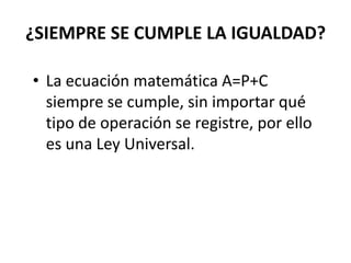 ¿SIEMPRE SE CUMPLE LA IGUALDAD?
• La ecuación matemática A=P+C
siempre se cumple, sin importar qué
tipo de operación se registre, por ello
es una Ley Universal.
 