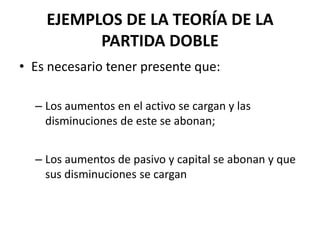 EJEMPLOS DE LA TEORÍA DE LA
PARTIDA DOBLE
• Es necesario tener presente que:
– Los aumentos en el activo se cargan y las
disminuciones de este se abonan;
– Los aumentos de pasivo y capital se abonan y que
sus disminuciones se cargan
 