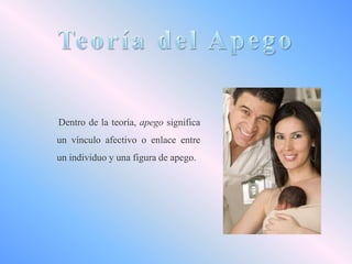 Dentro de la teoría, apego significa
un vínculo afectivo o enlace entre
un individuo y una figura de apego.

 