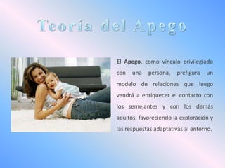 El Apego, como vínculo privilegiado
con

una

persona,

prefigura

un

modelo de relaciones que luego
vendrá a enriquecer el contacto con
los semejantes y con los demás
adultos, favoreciendo la exploración y
las respuestas adaptativas al entorno.

 