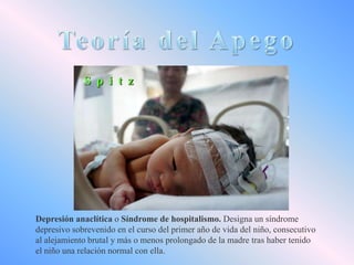 S p i t z

Depresión anaclítica o Síndrome de hospitalismo. Designa un síndrome
depresivo sobrevenido en el curso del primer año de vida del niño, consecutivo
al alejamiento brutal y más o menos prolongado de la madre tras haber tenido
el niño una relación normal con ella.

 