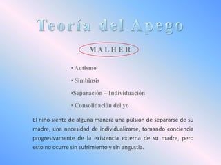 MALHER
• Autismo
• Simbiosis

•Separación – Individuación
• Consolidación del yo
El niño siente de alguna manera una pulsión de separarse de su
madre, una necesidad de individualizarse, tomando conciencia
progresivamente de la existencia externa de su madre, pero
esto no ocurre sin sufrimiento y sin angustia.

 