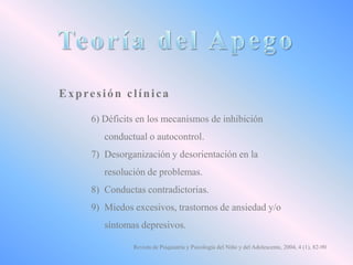 Expresión clínica
6) Déficits en los mecanismos de inhibición

conductual o autocontrol.
7) Desorganización y desorientación en la
resolución de problemas.
8) Conductas contradictorias.
9) Miedos excesivos, trastornos de ansiedad y/o
síntomas depresivos.
Revista de Psiquiatría y Psicología del Niño y del Adolescente, 2004, 4 (1), 82-90

 