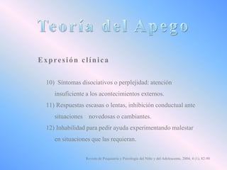 Expresión clínica
10) Síntomas disociativos o perplejidad: atención
insuficiente a los acontecimientos externos.
11) Respuestas escasas o lentas, inhibición conductual ante
situaciones novedosas o cambiantes.
12) Inhabilidad para pedir ayuda experimentando malestar
en situaciones que las requieran.
Revista de Psiquiatría y Psicología del Niño y del Adolescente, 2004, 4 (1), 82-90

 