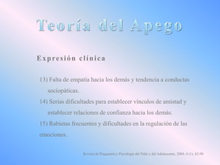 Expresión clínica
13) Falta de empatía hacia los demás y tendencia a conductas
sociopáticas.
14) Serias dificultades para establecer vínculos de amistad y
establecer relaciones de confianza hacia los demás.

15) Rabietas frecuentes y dificultades en la regulación de las
emociones.
Revista de Psiquiatría y Psicología del Niño y del Adolescente, 2004, 4 (1), 82-90

 
