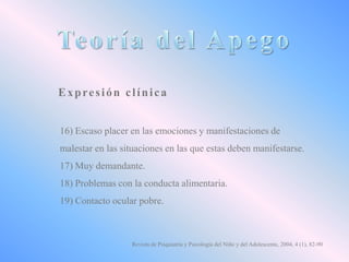 Expresión clínica
16) Escaso placer en las emociones y manifestaciones de
malestar en las situaciones en las que estas deben manifestarse.
17) Muy demandante.
18) Problemas con la conducta alimentaria.
19) Contacto ocular pobre.

Revista de Psiquiatría y Psicología del Niño y del Adolescente, 2004, 4 (1), 82-90

 