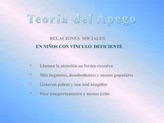RELACIONES SOCIALES
EN NIÑOS CON VÍNCULO DEFICIENTE

*

Llaman la atención en forma excesiva

*

Más inquietos, desobedientes y menos populares

*

Generan peleas y son mal acogidos

*

Peor comportamiento y menos éxito

 