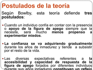 Según Bowlby, esta teoría defiende tres
postulados:
 Cuando un individuo confía en contar con la presencia
o apoyo de la figura de apego siempre que la
necesite, será mucho menos propenso a
experimentar miedos.
 La confianza se va adquiriendo gradualmente
durante los años de inmadurez y tiende a subsistir
por el resto de la vida.
 Las diversas expectativas referentes a la
accesibilidad y capacidad de respuesta de la
figura de apego forjados por diferentes individuos
Postulados de la teoría
 
