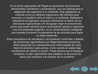 En la teoría cognoscitiva de Piaget se encuentran dos funciones 
denominadas asimilación y acomodación, que son básicas para la 
adaptación del organismo a su ambiente. Esta adaptación se 
entiende como un esfuerzo cognoscitivo del individuo para 
encontrar un equilibrio entre él mismo y su ambiente. Mediante la 
asimilación el organismo incorpora información al interior de las 
estructuras cognoscitivas a fin de ajustar mejor el conocimiento 
previo que posee mientras que la acomodación ajusta al organismo 
a las circunstancias exigentes, es un comportamiento inteligente 
que necesita incorporar la experiencia de las acciones para lograr 
su mejor desarrollo. 
Estos mecanismos de asimilación y acomodación conforman unidades 
de estructuras cognoscitivas que Piaget denomina esquemas. 
Estos esquemas son representaciones interiorizadas de cierta 
clase de acciones o ejecuciones, como cuando se realiza algo 
mentalmente sin realizar la acción. Puede decirse que el esquema 
constituye un plan cognoscitivo que establece la secuencia de 
pasos que conducen a la solución de un problema. 
 