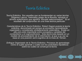 Teoría Ecléctica 
Teoría Ecléctica Son aquellas que se fundamentan en varias teorías. 
Diógenes Laercio, historiador griego de la filosofía, introdujo el 
término eclecticismo que significa “escuela seleccionadora”. Es el 
resultado del compromiso sin una línea teórica particular. 
Características de la Teoría Ecléctica Robert Gagné postula la teoría 
ecléctica, denominada así porque se encuentra racionalmente 
organizada y considerada verdaderamente sistemática. Existe en 
ella una unión importante entre conceptos y variables del 
conductismo y el cognoscitivismo. Esta teoría esta basada en un 
modelo de procesamiento de la información, la que a su vez se 
basa en una posición semi-cognitiva de la línea de Tolman. 
Enfoque Organizado de la Teoría Ecléctica Procesos de aprendizaje: 
Cómo el sujeto aprende y cuales son los postulados hipotéticos 
sobre los cuales se construye la teoría. 
 