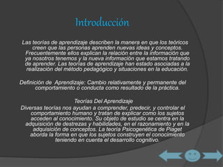 Introducción 
Las teorías de aprendizaje describen la manera en que los teóricos 
creen que las personas aprenden nuevas ideas y conceptos. 
Frecuentemente ellos explican la relación entre la información que 
ya nosotros tenemos y la nueva información que estamos tratando 
de aprender. Las teorías de aprendizaje han estado asociadas a la 
realización del método pedagógico y situaciones en la educación. 
Definición de Aprendizaje: Cambio relativamente y permanente del 
comportamiento o conducta como resultado de la práctica. 
Teorías Del Aprendizaje 
Diversas teorías nos ayudan a comprender, predecir, y controlar el 
comportamiento humano y tratan de explicar como los sujetos 
acceden al conocimiento. Su objeto de estudio se centra en la 
adquisición de destrezas y habilidades, en el razonamiento y en la 
adquisición de conceptos. La teoría Psicogenética de Piaget 
aborda la forma en que los sujetos construyen el conocimiento 
teniendo en cuenta el desarrollo cognitivo. 
 