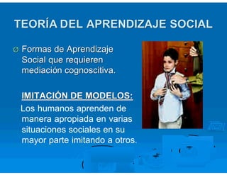 TEORÍ A DEL APRENDIZAJE SOCIAL

Ø   Formas de Aprendizaje
    Social que requieren
    mediación cognoscitiva.

    IMITAC...