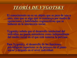 TEORÍA DE VYGOTSKY
El conocimiento no es un objeto que se pasa de uno a
otro, sino que es algo que se construye por medio de
operaciones y habilidades cognoscitivas que se
inducen en la interacción social.
Vygotsky señala que el desarrollo intelectual del
individuo no puede entenderse como independiente
del medio social en el que está inmersa la persona.
Para Vygotsky, el desarrollo de las funciones
psicológicas superiores se da primero en el plano
social y después en el nivel individual.

 