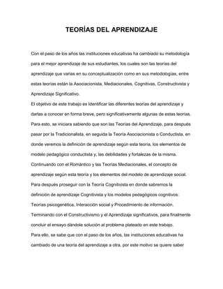 TEORÍAS DEL APRENDIZAJE
Con el paso de los años las instituciones educativas ha cambiado su metodología
para el mejor apre...