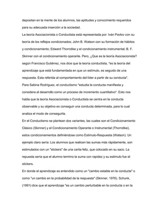 depositan en la mente de los alumnos, las aptitudes y conocimiento requeridos
para su adecuada inserción a la sociedad.
La teoría Asociacionista o Conductista está representada por: Iván Pavlov con su
teoría de los reflejos condicionados; John B. Watson con su formación de hábitos
y condicionamiento; Edward Thorndike y el condicionamiento instrumental; B. F.
Skinner con el condicionamiento operante. Pero, ¿Que es la teoría Asociacionista?
según Francisco Gutiérrez, nos dice que la teoría conductista, "es la teoría del
aprendizaje que está fundamentada en que un estímulo, es seguido de una
respuesta. Esta referida al comportamiento del líder a partir de su conducta".
Para Sabina Rodríguez, el conductismo "estudia la conducta manifiesta y
considera al desarrollo como un proceso de incremento cuantitativo". Esto nos
habla que la teoría Asociacionista o Conductista se centra en la conducta
observable y su objetivo es conseguir una conducta determinada, para lo cual
analiza el modo de conseguirla.
En el Conductismo se plantean dos variantes, las cuales son el Condicionamiento
Clásico (Skinner) y el Condicionamiento Operante o Instrumental (Thorndike),
estos condicionamientos definiéndose como Estimulo-Respuesta (Watson). Un
ejemplo claro sería: Los alumnos que realicen las sumas más rápidamente, son
estimulados con un "stickers" de una carita feliz, que colocado en su saco. La
repuesta sería que el alumno termino la suma con rapidez y su estimulo fue el
stickers.
En donde el aprendizaje es entendido como un "cambio estable en la conducta" o
como "un cambio en la probabilidad de la respuesta" (Skinner, 1976). Schunk,
(1991) dice que el aprendizaje "es un cambio perturbable en la conducta o en la
 
