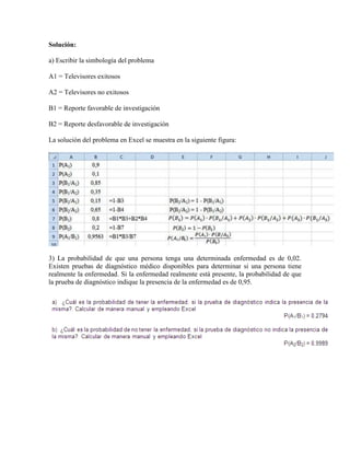 Solución:

a) Escribir la simbología del problema

A1 = Televisores exitosos

A2 = Televisores no exitosos

B1 = Reporte favorable de investigación

B2 = Reporte desfavorable de investigación

La solución del problema en Excel se muestra en la siguiente figura:




3) La probabilidad de que una persona tenga una determinada enfermedad es de 0,02.
Existen pruebas de diagnóstico médico disponibles para determinar si una persona tiene
realmente la enfermedad. Si la enfermedad realmente está presente, la probabilidad de que
la prueba de diagnóstico indique la presencia de la enfermedad es de 0,95.
 