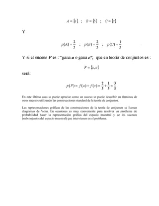 En este último caso se puede apreciar como un suceso se puede describir en términos de
otros sucesos utilizando las construcciones standard de la teoría de conjuntos.

Las representaciones gráficas de las construcciones de la teoría de conjuntos se llaman
diagramas de Venn. En ocasiones es muy conveniente para resolver un problema de
probabilidad hacer la representación gráfica del espacio muestral y de los sucesos
(subconjuntos del espacio muestral) que intervienen en el problema.
 