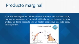 Producto marginal
El producto marginal se define como el aumento del producto total,
cuando se aumenta la cantidad utilizada de un insumo en una
unidad. Se toma respecto de un factor productivo en cada caso,
ceteris paribus.
 