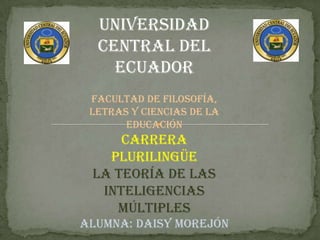 UNIVERSIDAD
  CENTRAL DEL
    ECUADOR
 Facultad de Filosofía,
 Letras y Ciencias de la
       Educación
     Carrera
   Plurilingüe
 La teoría de las
  inteligencias
    múltiples
Alumna: Daisy Morejón
 