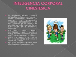 







El control del movimiento corporal
se localiza en la corteza motora y
cada
hemisferio
domina
o
controla
los
movimientos
corporales correspondientes al
lado opuesto. En los diestros, el
dominio de este movimiento se
suele situar en el hemisferio
izquierdo.
Capacidad
para
realizar
actividades
que
requieren
fuerza, rapidez, flexibilidad, coordi
nación óculo-manual y equilibrio.
Utilizar las manos para crear o
hacer reparaciones, expresarse a
través del cuerpo.
Escultores, cirujanos, actores, mod
elos, bailarines, deportistas, etc.

 