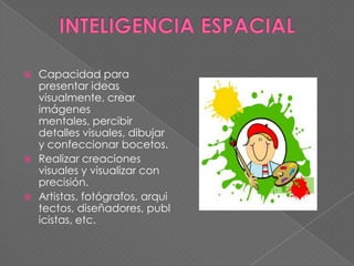 Capacidad para
presentar ideas
visualmente, crear
imágenes
mentales, percibir
detalles visuales, dibujar
y confeccionar bocetos.
 Realizar creaciones
visuales y visualizar con
precisión.
 Artistas, fotógrafos, arqui
tectos, diseñadores, publ
icistas, etc.


 
