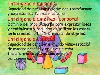 Inteligencia musical:
Capacidad de percibir discriminar transformar
y expresar las formas musicales.
Inteligencia cinético- corporal:
Dominio del propio cuerpo para expresar ideas
y sentimiento y facilidad de utilizar las manos
en la creación o transformación de objetos.
Inteligencia espacial:
Capacidad de percibir el mundo visuo-espacial
de manera precisa y de llevar a cabo
transformaciones basadas en esas
percepciones.
 