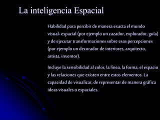 La inteligencia Espacial 
Habilidad para percibir de manera exacta el mundo 
visual- espacial (por ejemplo un cazador, explorador, guía) 
y de ejecutar transformaciones sobre esas percepciones 
(por ejemplo un decorador de interiores, arquitecto, 
artista, inventor). 
Incluye la sensibilidad al color, la línea, la forma, el espacio 
y las relaciones que existen entre estos elementos. La 
capacidad de visualizar, de representar de manera gráfica 
ideas visuales o espaciales. 
 