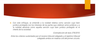  Con este enfoque, se entiende a la nulidad relativa como sanción cuyo bien
jurídico protegido son los intereses de las partes que celebran actos jurídicos; y a
la nulidad absoluta como aquella sanción cuyo bien jurídico protegido es el
interés de la sociedad.
Contradicción de tesis 379/2010.
Entre los criterios sustentados por el noveno tribunal colegiado y el séptimo tribunal
colegiado ambos en materia civil del primer circuito.
 