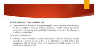 TEORÍA BIPARTITA, CLÁSICA O FRANCESA
 La teoría bipartita, elaborada principalmente por Domat y Pothier, divide en dos a
los actos viciados y habla de nulidad absoluta y nulidad relativa. Esta teoría
contempla la inexistencia y la nulidad tanto absoluta, o de pleno derecho, como
la relativa o anulabilidad.
De acuerdo con Bonicase:
 Distingue entre inexistencia (cuando falta algún elemento esencial), nulidad
absoluta (por ilicitud cuando la ley así lo establece) y nulidad relativa (por
incapacidad, falta de forma, vicios en la voluntad o ilicitud cuando la ley lo
establece) en su Código Civil.
 