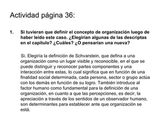 Actividad página 36:

1.   Si tuvieran que definir el concepto de organización luego de
     haber leído este caso. ¿Elegirían algunas de las descriptas
     en el capítulo? ¿Cuáles? ¿O pensarían una nueva?

     Si. Elegiría la definición de Schvarstein, que defina a una
     organización como un lugar visible y reconocible, en el que se
     puede distinguir y reconocer partes componentes y una
     interacción entre estas, lo cual significa que en función de una
     finalidad social determinada, cada persona, sector o grupo actúa
     con los demás en función de su logro. También introduce al
     factor humano como fundamental para la definición de una
     organización, en cuanto a que las percepciones, es decir, la
     apreciación a través de los sentidos de un observador humano,
     son determinantes para establecer ante que organización se
     está.
 