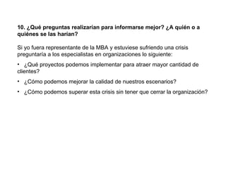 10. ¿Qué preguntas realizarían para informarse mejor? ¿A quién o a
quiénes se las harían?

Si yo fuera representante de la MBA y estuviese sufriendo una crisis
preguntaría a los especialistas en organizaciones lo siguiente:
• ¿Qué proyectos podemos implementar para atraer mayor cantidad de
clientes?
• ¿Cómo podemos mejorar la calidad de nuestros escenarios?
• ¿Cómo podemos superar esta crisis sin tener que cerrar la organización?
 