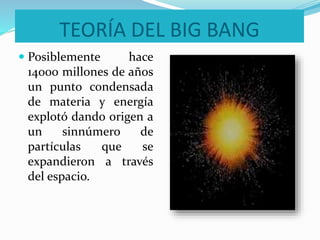 TEORÍA DEL BIG BANG
 Posiblemente hace
14000 millones de años
un punto condensada
de materia y energía
explotó dando origen a
un sinnúmero de
partículas que se
expandieron a través
del espacio.
 