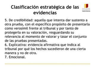 5. De credibilidad: aquella que intenta dar sustento a
otra prueba, con el específico propósito de presentarla
como verosímil frente al tribunal y por tanto de
protegerla en su valoración, resguardando su
relevancia al momento de valorar y tasar el conjunto
de las pruebas presentadas.
6. Explicativa: evidencia afirmativa que indica al
tribunal por qué los hechos sucedieron de una cierta
manera y no de otra.
7. Emocional.
Clasificación estratégica de las
evidencias
 