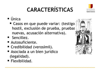  Única
 Casos en que puede variar: (testigo
hostil, exclusión de prueba, pruebas
nuevas, acusación alternativa).
 Sencillez.
 Autosuficiente.
 Credibilidad (verosímil).
 Asociada a un bien jurídico
(legalidad).
 Flexibilidad.
CARACTERÍSTICAS
12
 
