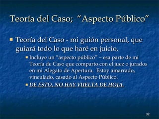 Teoría del Caso;  “Aspecto Público” Teoría del Caso - mi guión personal, que guiará todo lo que haré en juicio. Incluye un “aspecto público” – esa parte de mi Teoría de Caso que comparto con el juez o jurados en mi Alegato de Apertura.  Estoy amarrado, vinculado, casado al Aspecto Público.  DE ESTO, NO HAY VUELTA DE HOJA. 