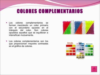 COLORES COMPLEMENTARIOS Los colores complementarios se forman mezclando un color primario con el secundario opuesto en el triángulo del color. Son colores opuestos aquellos que se equilibran e intensifican mutuamente. Los colores complementarios son los que proporcionan mayores contrastes en el gráfico de colores. 
