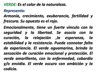 VERDE: Es el color de la naturaleza.
Representa:
Armonía, crecimiento, exuberancia, fertilidad y
frescura. Su opuesto es el rojo.
Emocionalmente, tiene un fuerte vínculo con la
seguridad y la libertad. Se asocia con la
curación, la relajación ,la esperanza, la
estabilidad y la resistencia. Puede connotar falta
de experiencia. El verde aguamarina, brinda la
sensación de curación emocional y protección. El
verde amarillento, con la enfermedad, cobardía
y/o envidia. El verde oscuro con ambición y la
codicia.
 