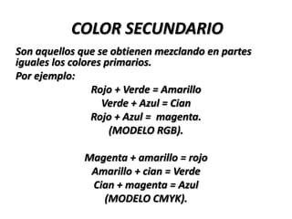 COLOR SECUNDARIO
Son aquellos que se obtienen mezclando en partes
iguales los colores primarios.
Por ejemplo:
                 Rojo + Verde = Amarillo
                   Verde + Azul = Cian
                 Rojo + Azul = magenta.
                     (MODELO RGB).

              Magenta + amarillo = rojo
               Amarillo + cian = Verde
               Cian + magenta = Azul
                 (MODELO CMYK).
 