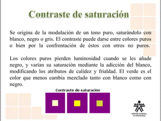 Se origina de la modulación de un tono puro, saturándolo con
blanco, negro o gris. El contraste puede darse entre colores puros
o bien por la confrontación de éstos con otros no puros.
Los colores puros pierden luminosidad cuando se les añade
negro, y varían su saturación mediante la adicción del blanco,
modificando los atributos de calidez y frialdad. El verde es el
color que menos cambia mezclado tanto con blanco como con
negro.
 